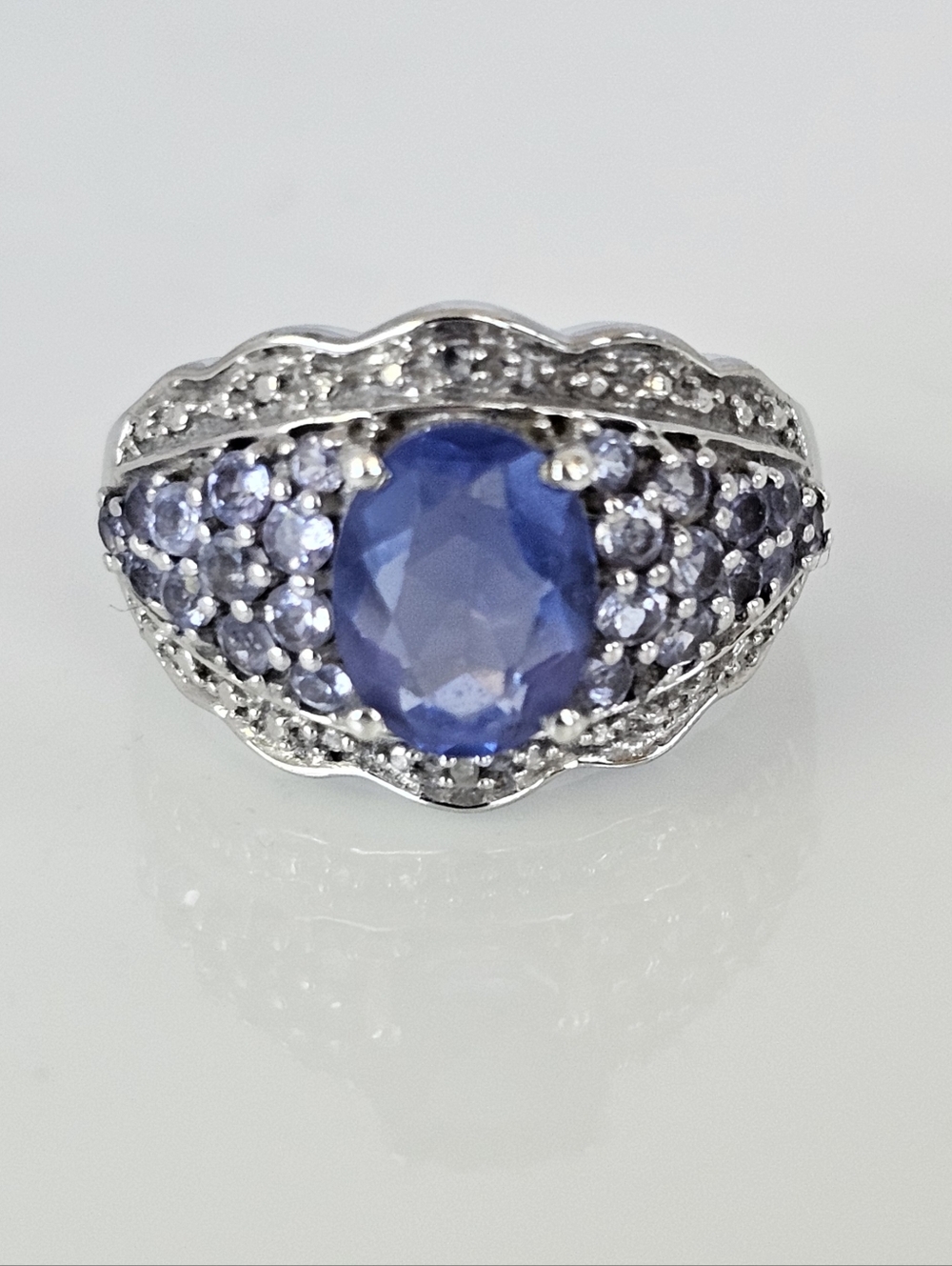 Genuine Fluorite, Tanzanite, Diamond Ring Sterling Silver Platinum Finish Size 7